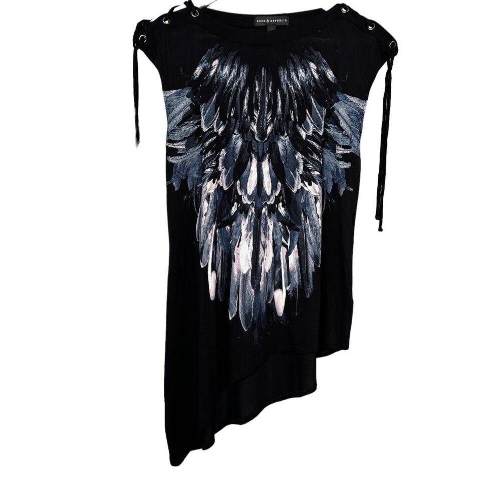 Rock & Republic Black Feather Wing Graphic Asymmetrical Top M